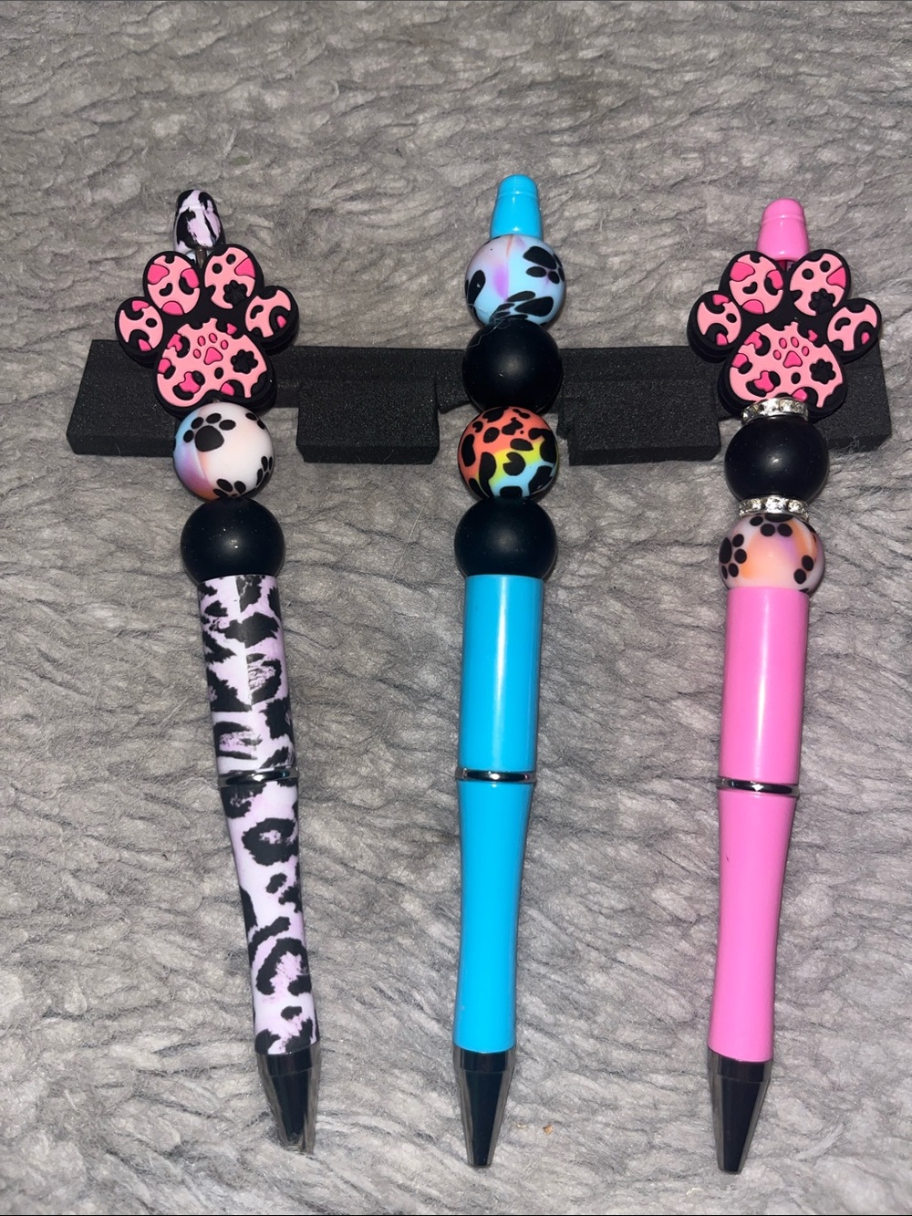 3pc Paw Print Bead Pen Trio- Blue, Pink, Lavender Leopard Print colorful 56